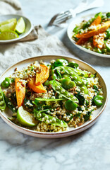 Bulgur Tabbouleh with broad beans, spinach, sweet potato, green pea and herbs (topped with toasted sunflower seeds)