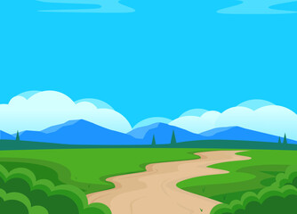 Vector landscape in cartoon style with field, dusty road, mountains on background, and clouds. Green lawn. Nature illustration. Way.
