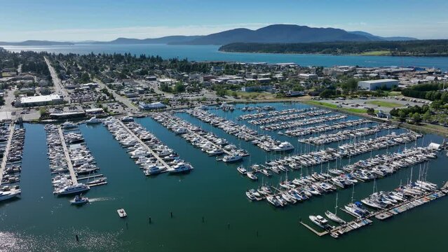Orbiting aerial shot of the Anacortes marina, home of many resident's boats.