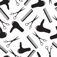Seamless pattern with hairdressing tools hair dryer comb and scissors. Design suitable for wallpaper, beauty salon business cards, decor, scrapbooking, textiles, t-shirt and workwear printing. Vector