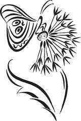 Butterfly and dandelion flower. Stylized butterfly on a dandelion drawing calligraphy. Vector black and white illustration Isolated on white background. Tattoo design. 