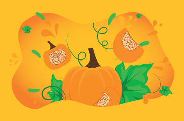 poster vector with pumpkin and green leaves. splash of pumpkin flavor on orange background.