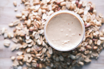top view of peanut butter in a container ,