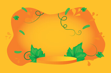 empty podium vector for product presentation. orange color podium with green leaves inside the frame