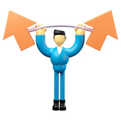 3D illustration of businessman lifting up arrow barbell. business growth concept