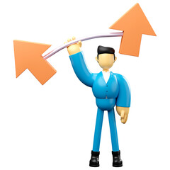 3D illustration of businessman lifting up arrow barbell with one hand. business growth concept