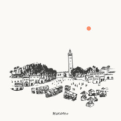 Hand drawn urban sketch of moroccan city buildings