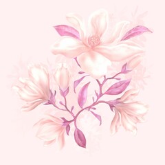 Beautiful pink magnolia flowers bouquet watercolor illustration