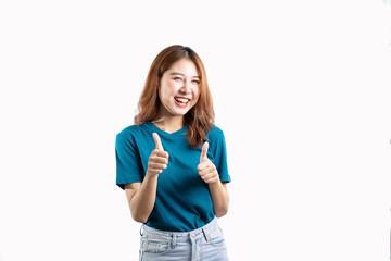A cheerful and graceful Asian woman smiles happily and makes various hand gestures on a white background.