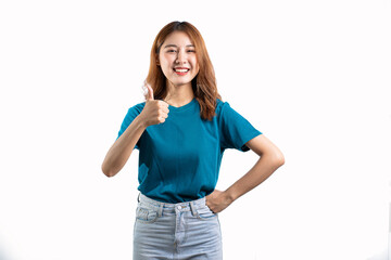 Obraz premium A cheerful and graceful Asian woman smiles happily and makes various hand gestures on a white background.