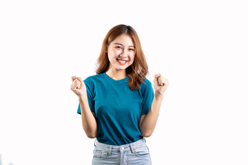 A cheerful and graceful Asian woman smiles happily and makes various hand gestures on a white...