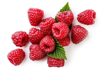 Raspberries with leaves close-up on a white background. Top view