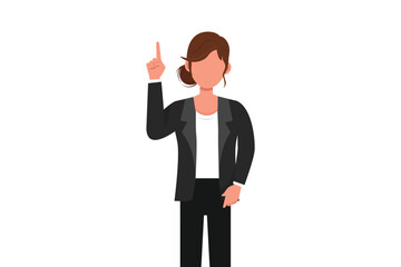 Business design drawing young businesswoman pointing up finger symbol. Female manager finger index up gesture or ideation. Emotion, body language. Flat cartoon style draw graphic vector illustration