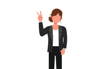 Business design drawing smiling woman is showing victory sign. Young businesswoman gesture success. Female doing victory sign. Sign of success and peace. Flat cartoon style graphic vector illustration