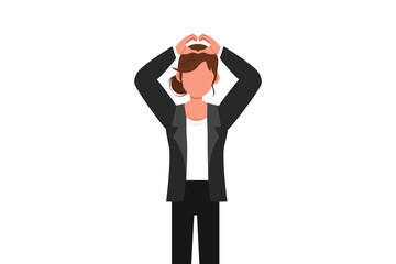 Business flat drawing young businesswoman making or gesturing heart symbol with fingers over head. Modern female lifestyle, healthcare, love shape concept. Cartoon graphic design vector illustration
