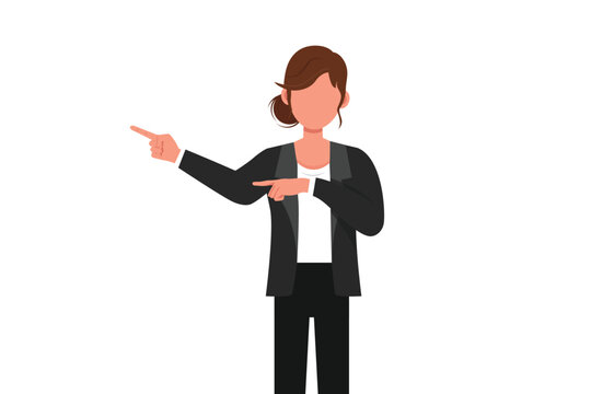 Business flat cartoon style drawing businesswoman pointing away hands together showing or presenting something while standing and smiling. Emotion and body language. Graphic design vector illustration