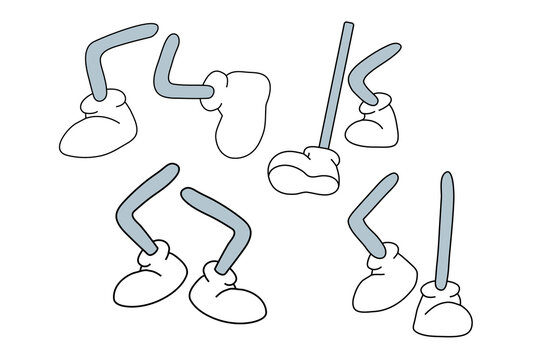 Body parts cartoon. Legs in boots. With various gestures and body postures. Different foot movements and positions