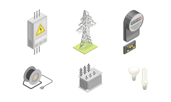 Electric equipment set. Electrical power objects isometric vector illustration