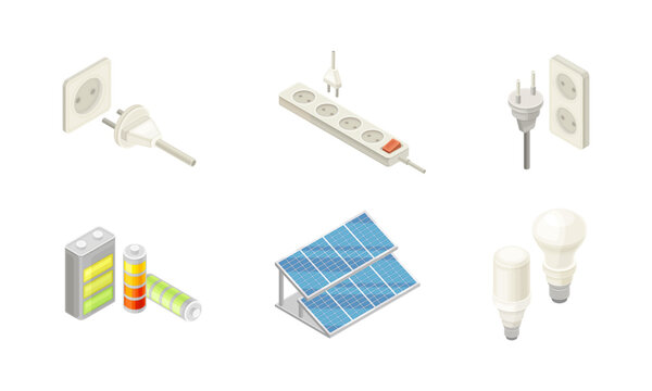 Electric equipment set. Electrical power objects, solar pannel, battery, plug, socket and light bulb isometric vector illustration