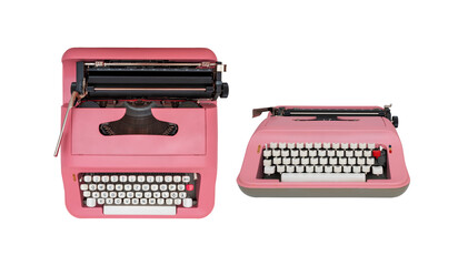 pink typewriter on isolated white background