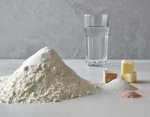 ingredients for baking: flour, butter, eggs