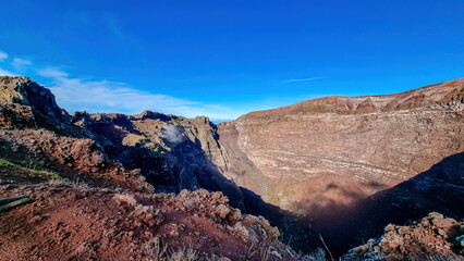 Panoramic view on the edge of the active volcano crater of Mount Vesuvius, Province of Naples,...