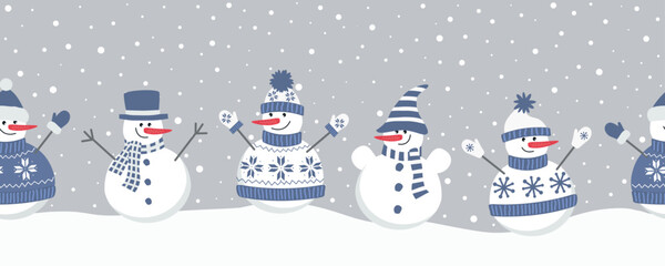 Cute snowmen rejoice in winter holidays. Seamless border. Christmas background. Five different snowmen in blue winter clothes under the snow. Can be used as a template for a greeting card. Vector - obrazy, fototapety, plakaty