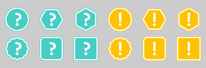 Question mark Icon Set, FAQ sign, Help symbol. Exclamation mark Icon Set, Attention sign, Caution icon, Hazard warning symbol. Light blue and Yellow style.