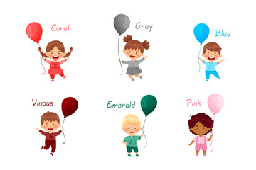 Set of cute kids holding balloons of different colors. Adorable boys and girls dressed coral, gray, blue, vinous, emerald, pink costumes cartoon vector illustration
