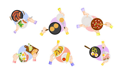 View from above of hands serving tasty dishes set cartoon vector illustration