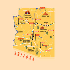 Arizona Map Vector, Travel Map Arizona, Tourist Map
