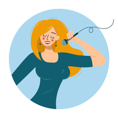 A cute girl sings with a microphone in her hand. A bright woman is rehearsing a song. Icon of a blonde with a microphone in a red dress. Singer character cartoon vector flat isolated illustration
