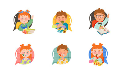 Obraz na płótnie Canvas Daily Routine of Little Boy and Girl Character with Eating Breakfast, Brushing Teeth and Sitting at School Lesson Vector Set