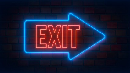 Blue neon exit sign on dark brick wall