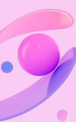 Abstract spheres and glass curves with pink background, 3d rendering.