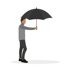 Male character holding an opened umbrella in his hand on a white background