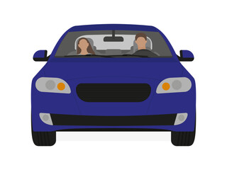 Blue car with driver and passenger on a white background (front view)