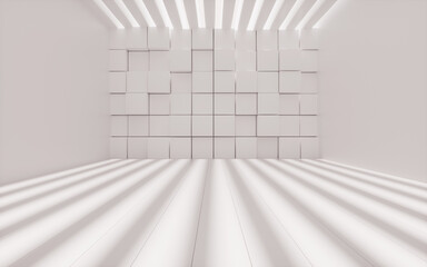 White randomly arranged cubes with empty room, 3d rendering.