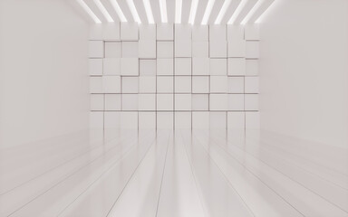White randomly arranged cubes with empty room, 3d rendering.