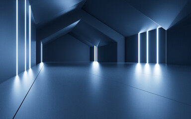 Blue neon tunnel turn the corner, 3d rendering.