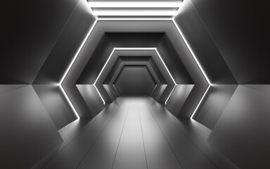 Gray neon tunnel, 3d rendering.