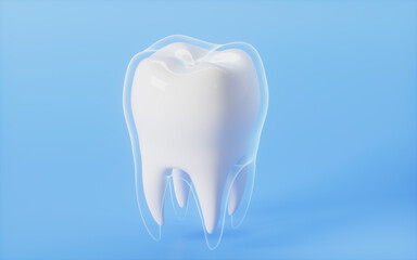 Glowing protective cover out of the tooth in the blue background, 3d rendering.
