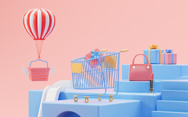 Fototapeta premium Shopping cart and handbags on the blue stage, 3d rendering.