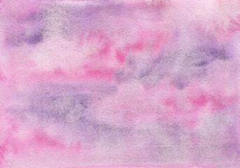 Pale expressive pink and violet gradient wet watercolor background with textured blobs. Textured lovely colors watercolour illustration for decoration, abstract sky sunrise concept, passion clouds