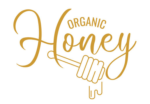 Vector label for bee honey. Honeycombs with honey, and a symbolic simplified image of a bee as a design element. Organic and eco honey labels and tags with bees.