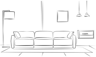Sketchy illustration of living room interior.Vector hand drawing