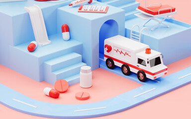 Ambulance pulled out of the blue hospital, blue hospital scene and medical equipment, 3d rendering.