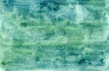 Marine blue and green striped wet watercolor background, wash technique. Aquamarine color textured watercolour illustration for ui, map design, web, apps wallpaper, banner