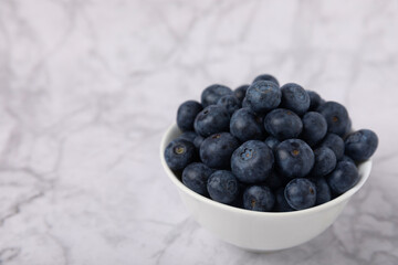 Blueberries in a bowl on a white marble background. Ripe and fresh blueberries. Vitamins. Healthy food. Juicy berry. Copy space. Place for text