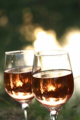 Glasses of tasty rose wine on blurred background, closeup. Picnic season